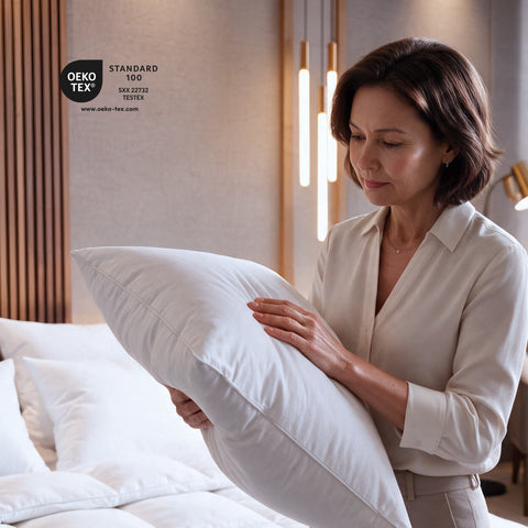Frau prüft das HANSE Premium Natural Hybrid Kopfkissen, daneben das OEKO-TEX Standard 100 Siegel