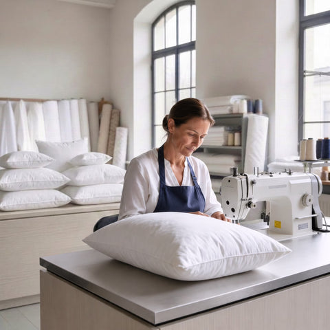 Näherin fertigt in heller Manufaktur per Handarbeit ein HANSE Premium Kissen an der Nähmaschine