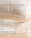 Nahaufnahme des Premium Seitenschläferkissens mit atmungsaktivem Baumwollbezug, feiner Biese und hochwertiger Verarbeitung.