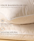 Federfreies Kopfkissen mit edlem Baumwollbezug aus 100 Prozent Baumwolle und hochwertiger weißer Biese