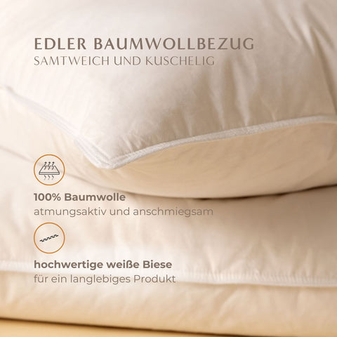 Federfreies Kopfkissen mit edlem Baumwollbezug aus 100 Prozent Baumwolle und hochwertiger weißer Biese